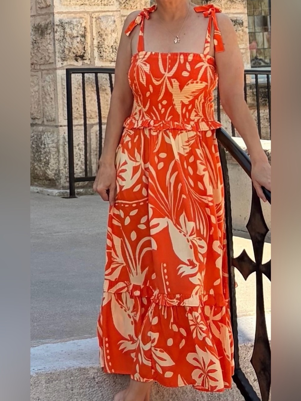 Orange Floral Smocked Sundress with Tie Straps - Picture 3 of 4